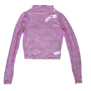 Aerie Pink Floral Lace Mock Neck Long Sleeve Top Sheer Mesh Shirt XXS